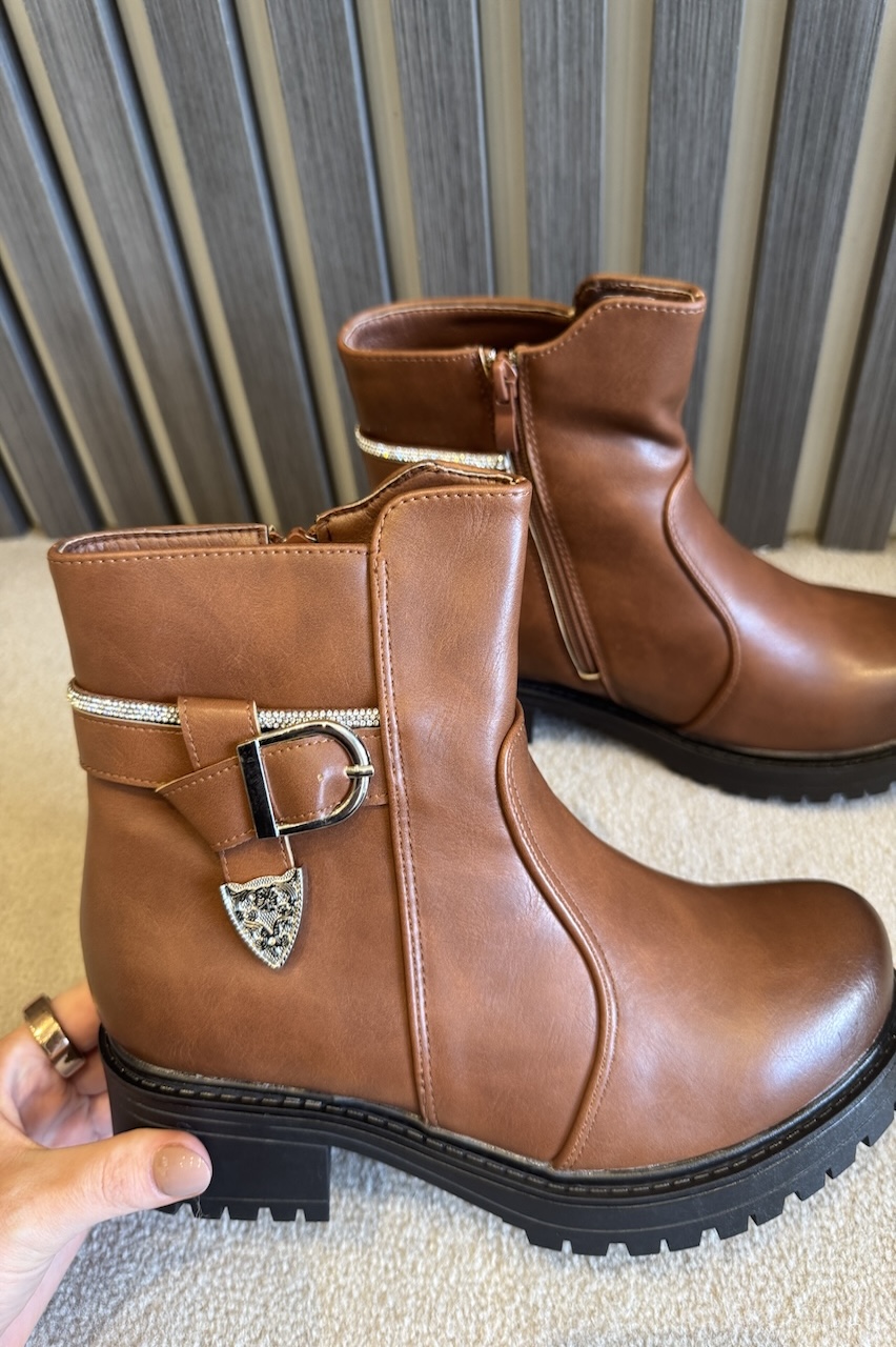 Tan Laurel Ankle Boots With Belt Buckle Detail 