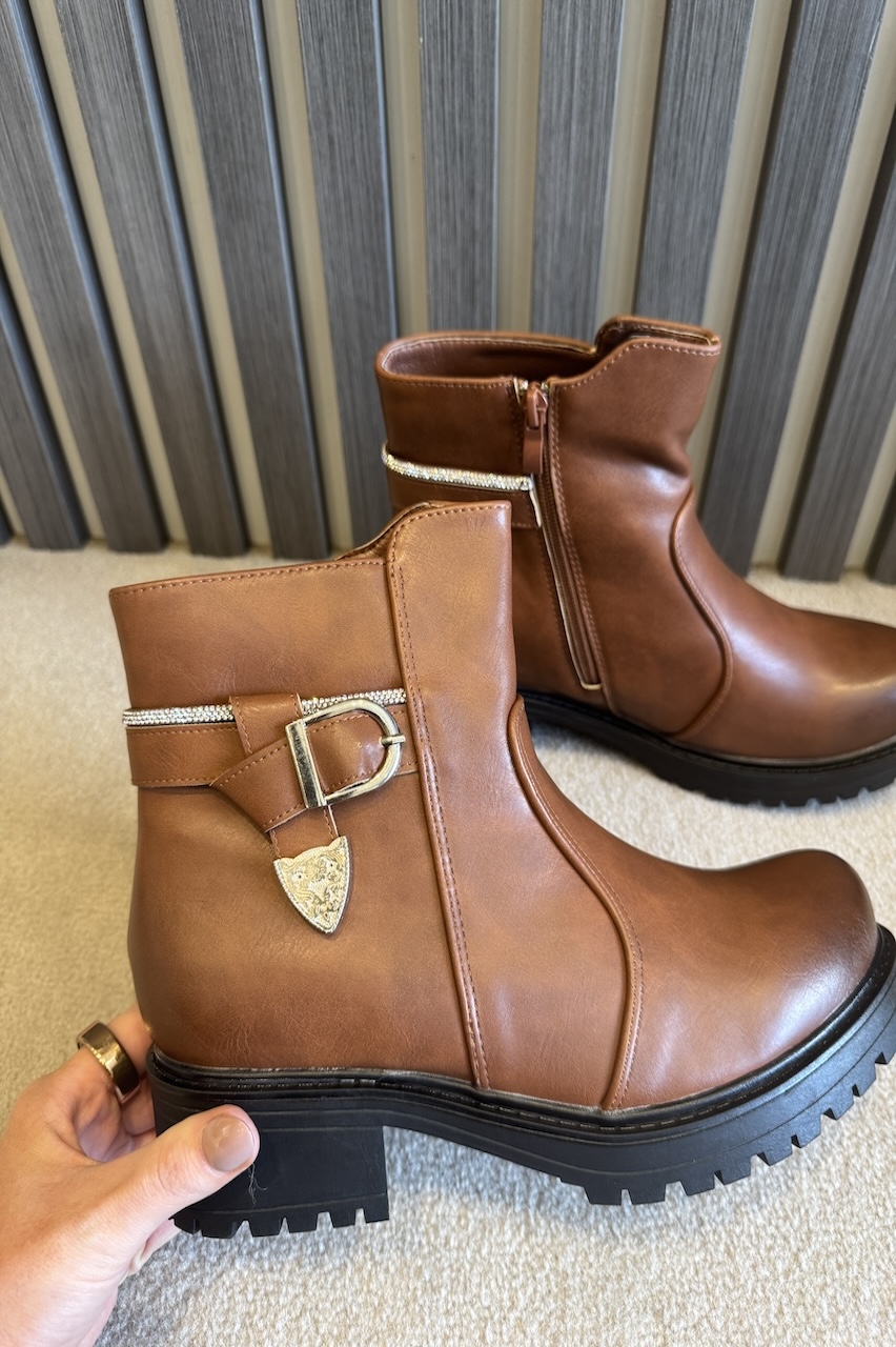 Tan Laurel Ankle Boots With Belt Buckle Detail 