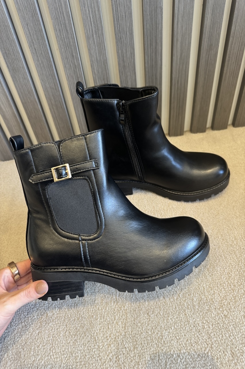 Black Harper Ankle Boots With Buckle Detail 