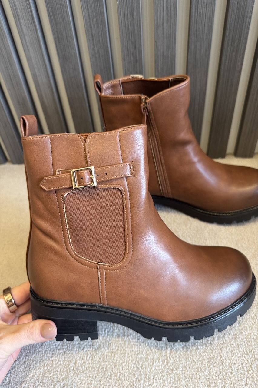Tan Harper Ankle Boots With Buckle Detail 