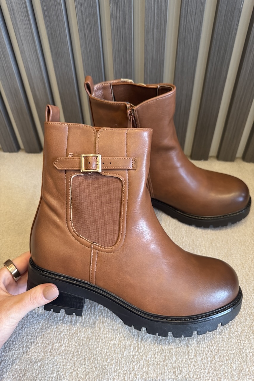Tan Harper Ankle Boots With Buckle Detail 