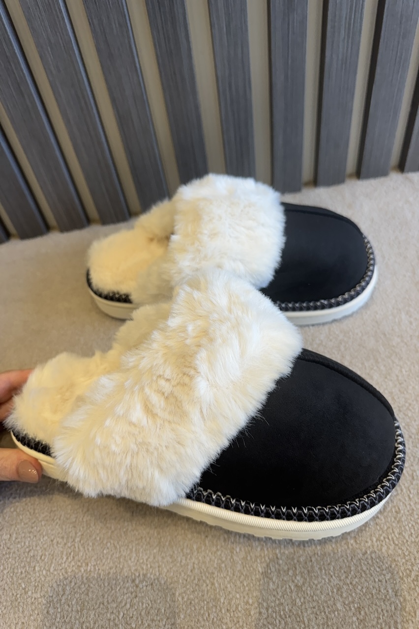 Black  Lavish Mules With Faux Fur Lining 
