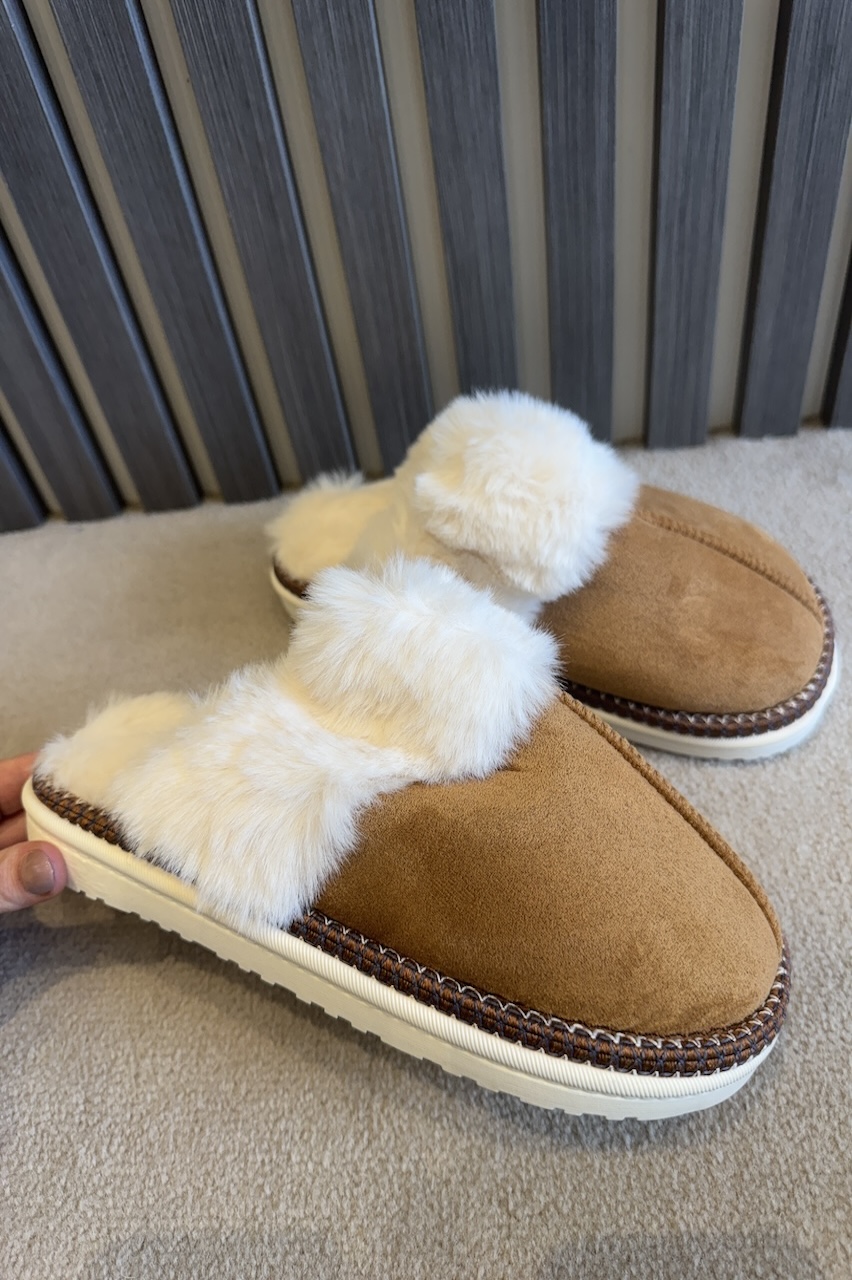 Camel Lavish Mules With Faux Fur Lining 