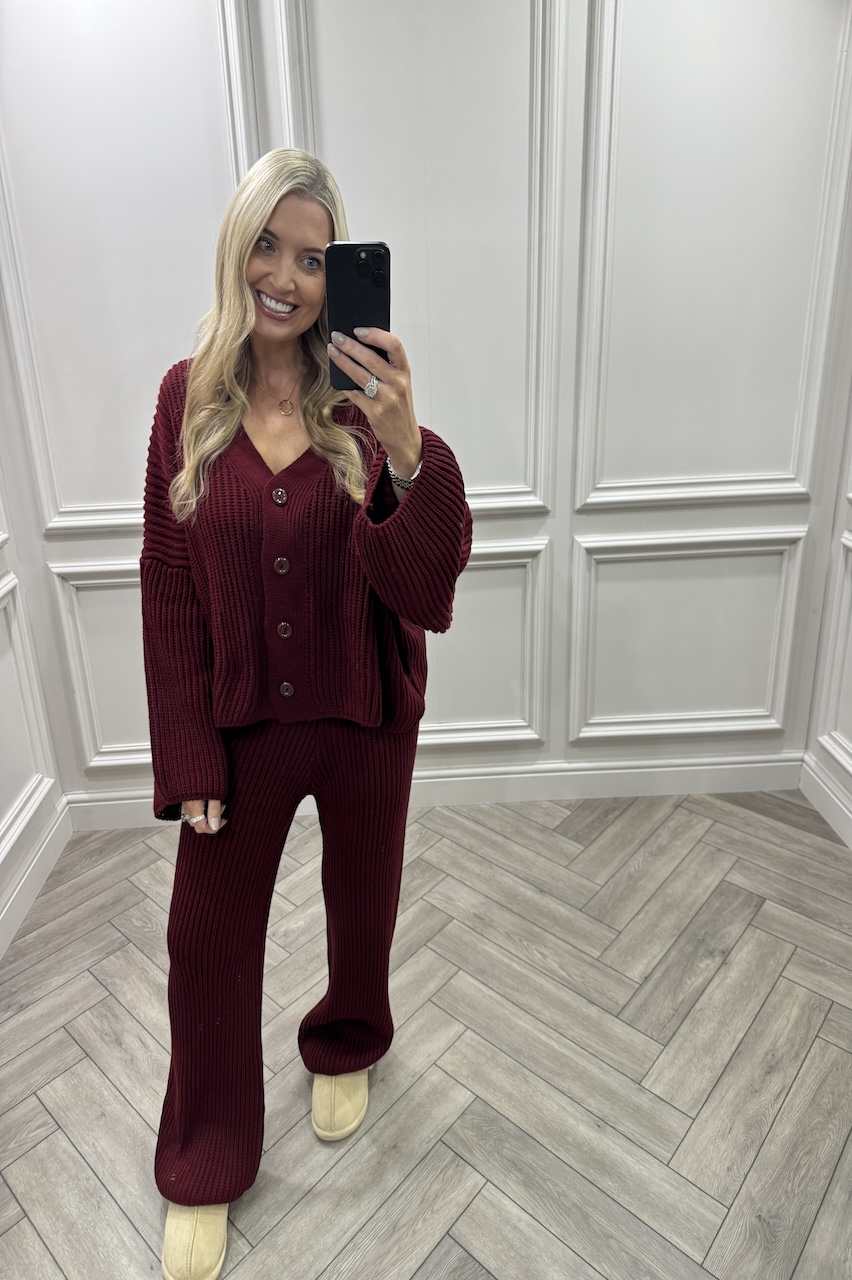 Wine Danika Button Knitted Lounge Set