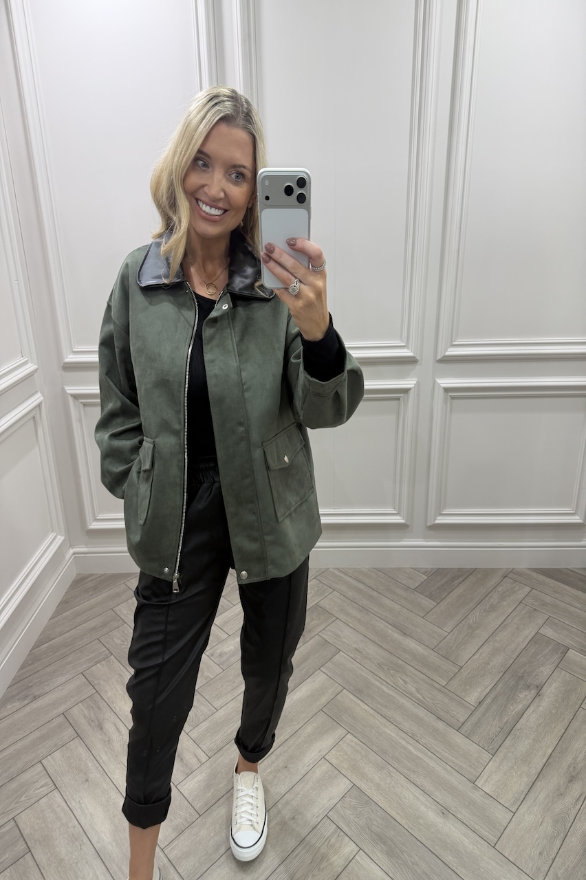 Azura Khaki Suede Faux Leather Jacket