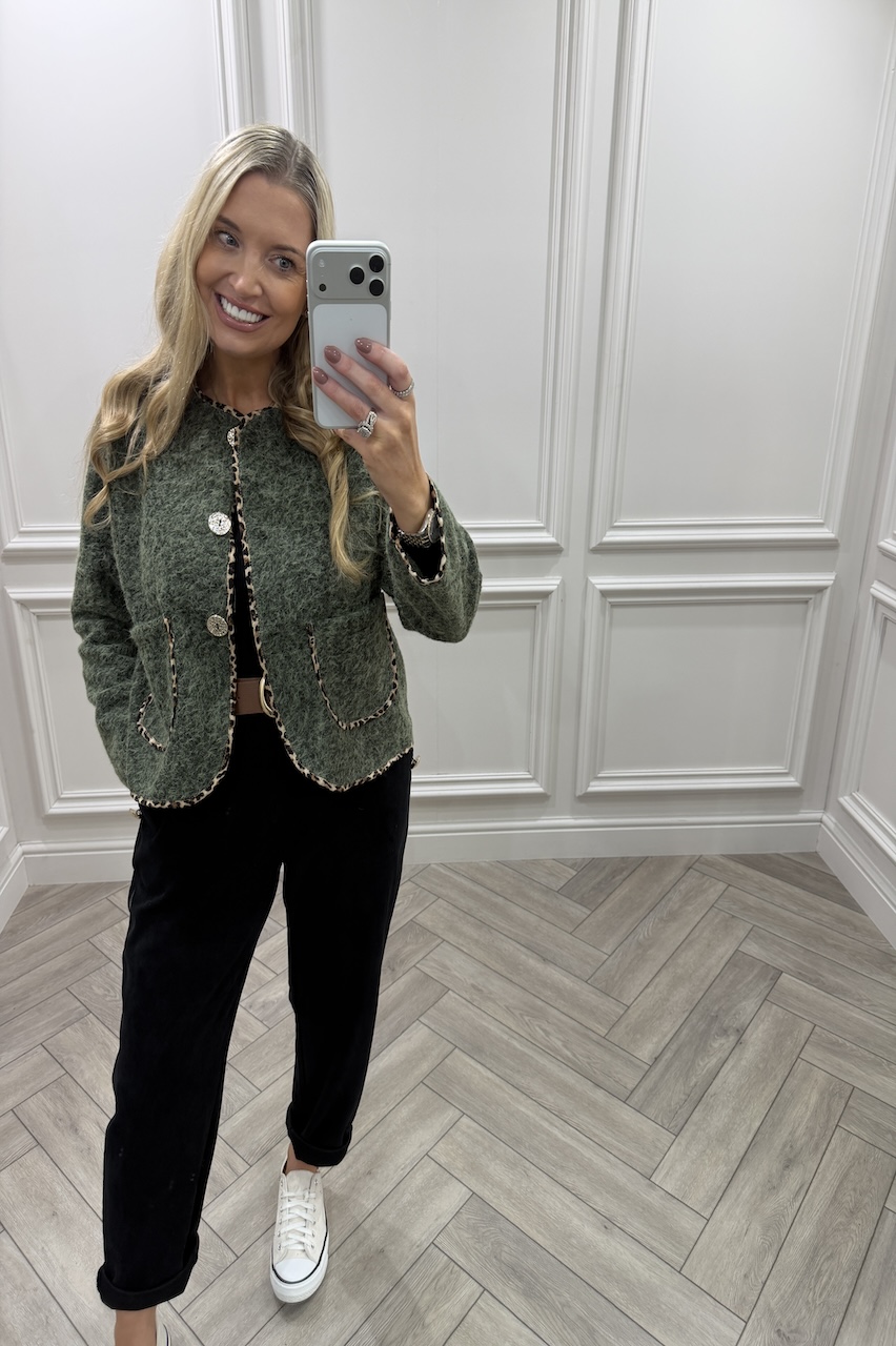 Tessa Khaki Leopard Detail Jacket