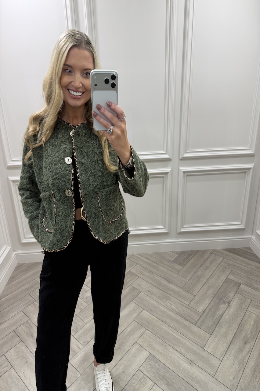 Tessa Khaki Leopard Detail Jacket
