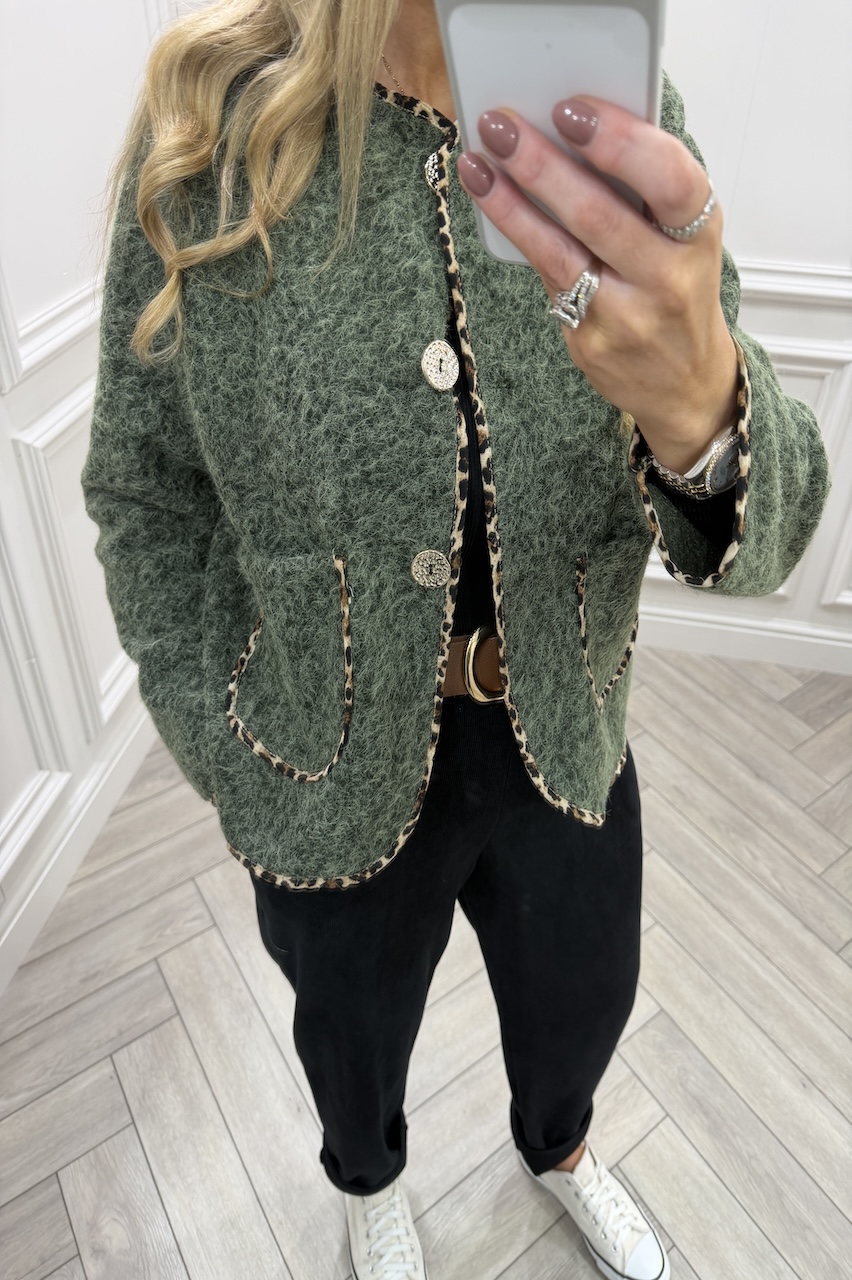Tessa Khaki Leopard Detail Jacket