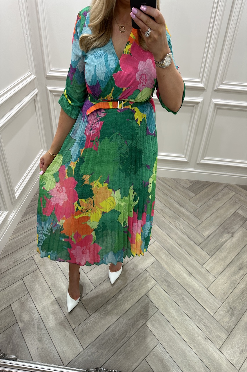 Nadya Green Pleated Midi Dress