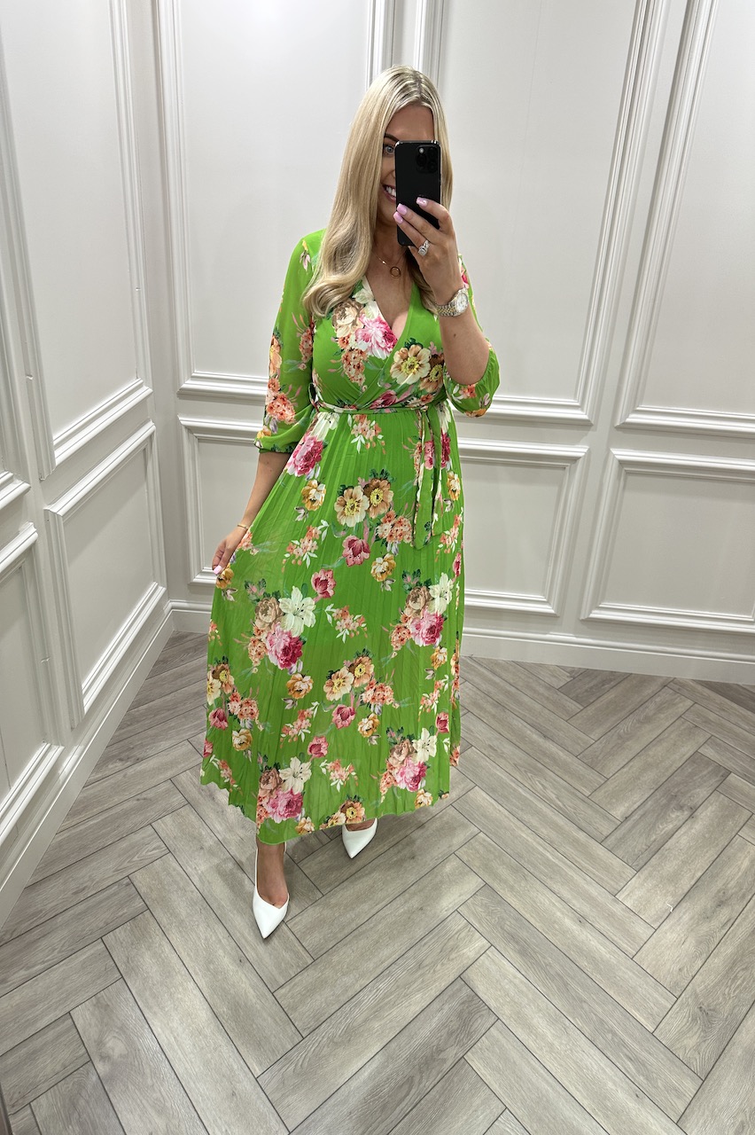 Green Willow Floral Chiffon Belt Pleated Midi Dress