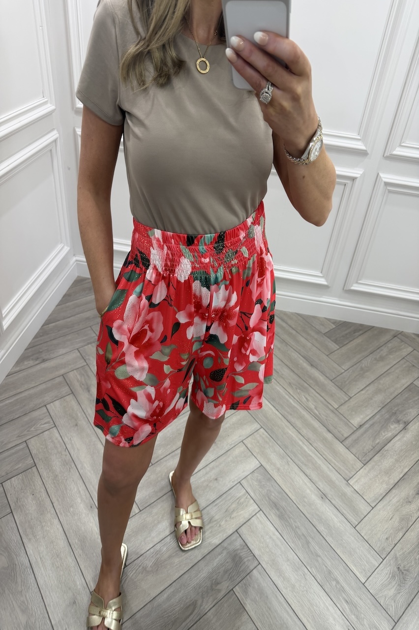 Red Petal Floral Elasticated Shorts