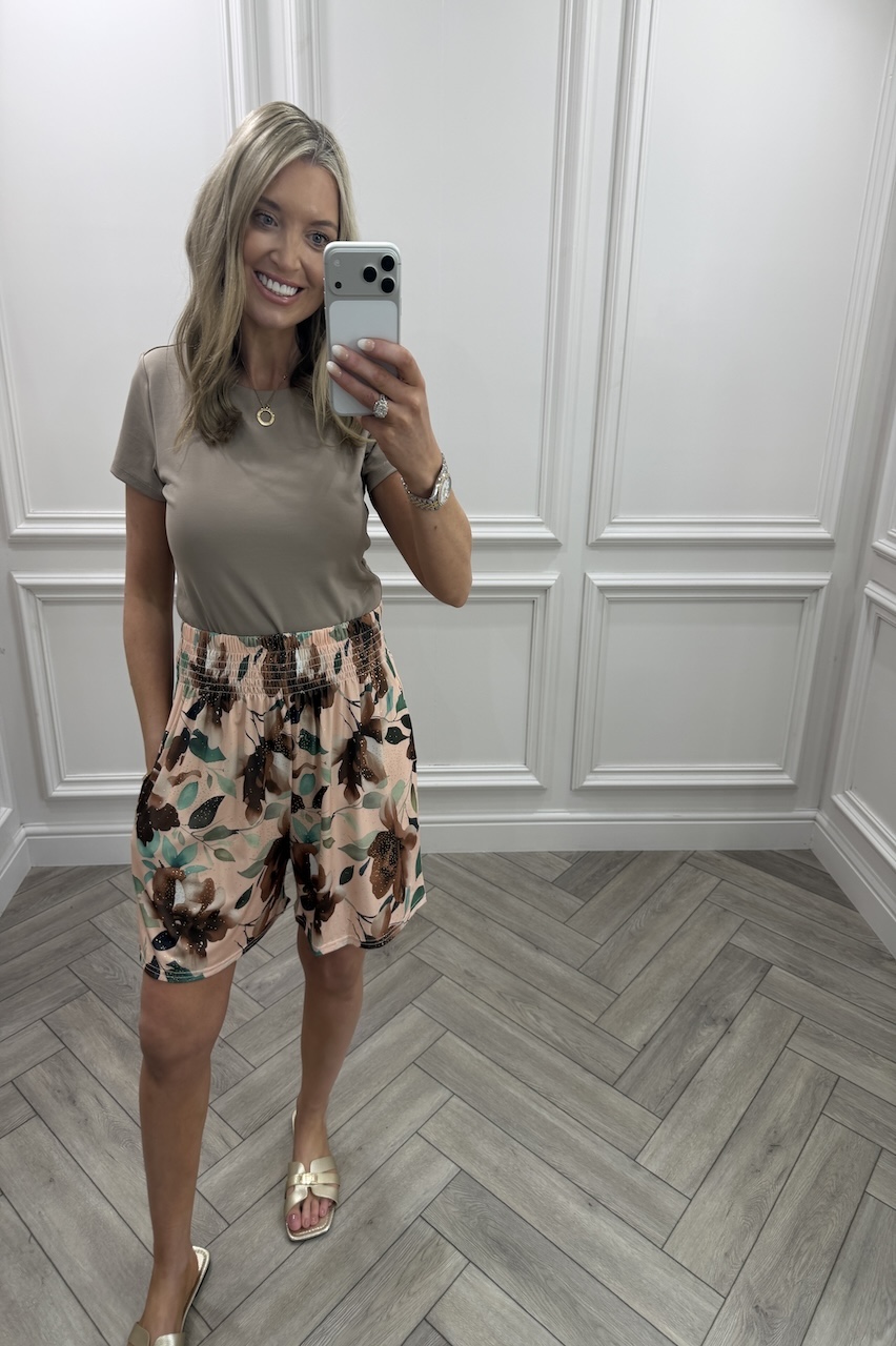 Beige Petal Floral Elasticated Shorts