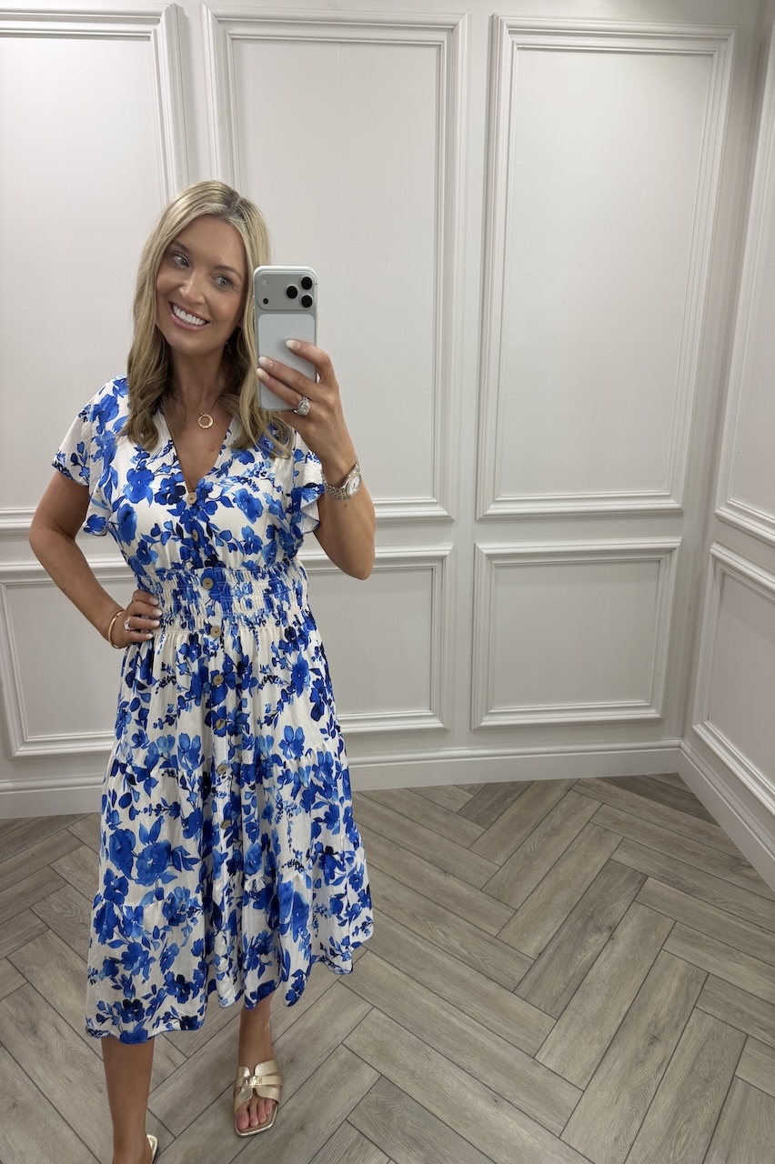Blue Sofia Floral Shirred Midi Dress