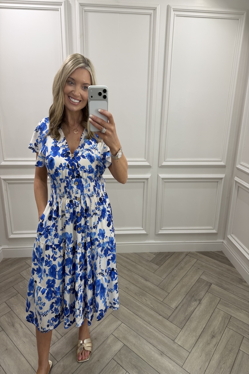 Blue Sofia Floral Shirred Midi Dress