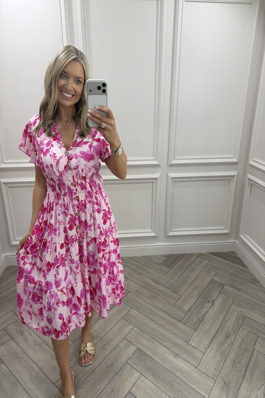 Pink Sofia Floral Shirred Midi Dress
