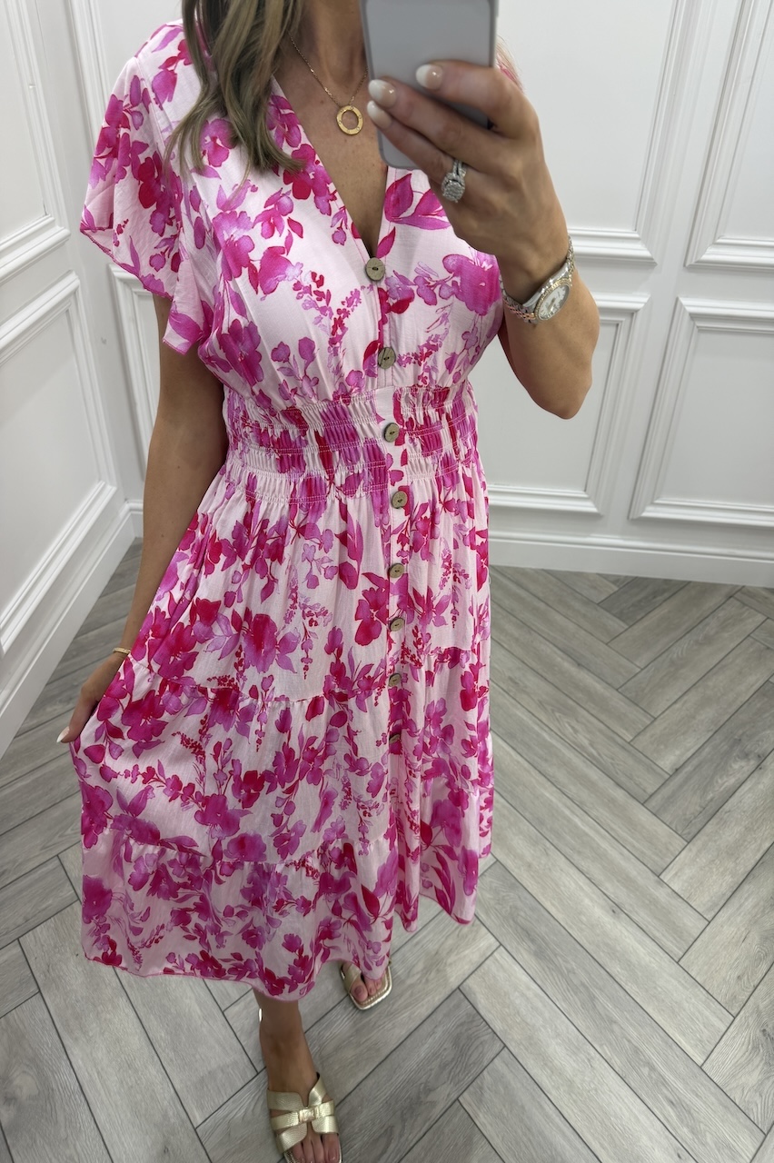Pink Sofia Floral Shirred Midi Dress