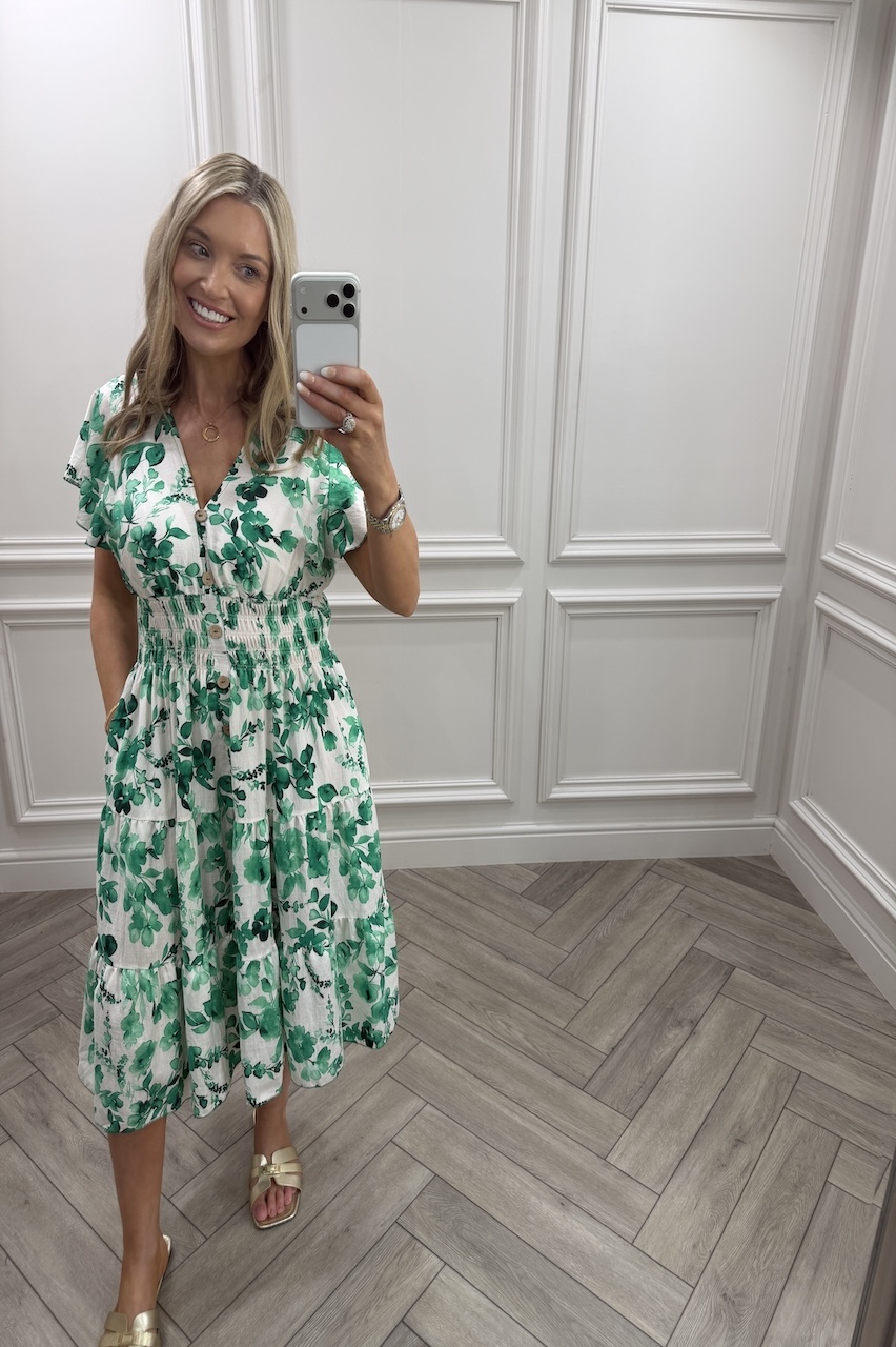 Green Sofia Floral Shirred Midi Dress