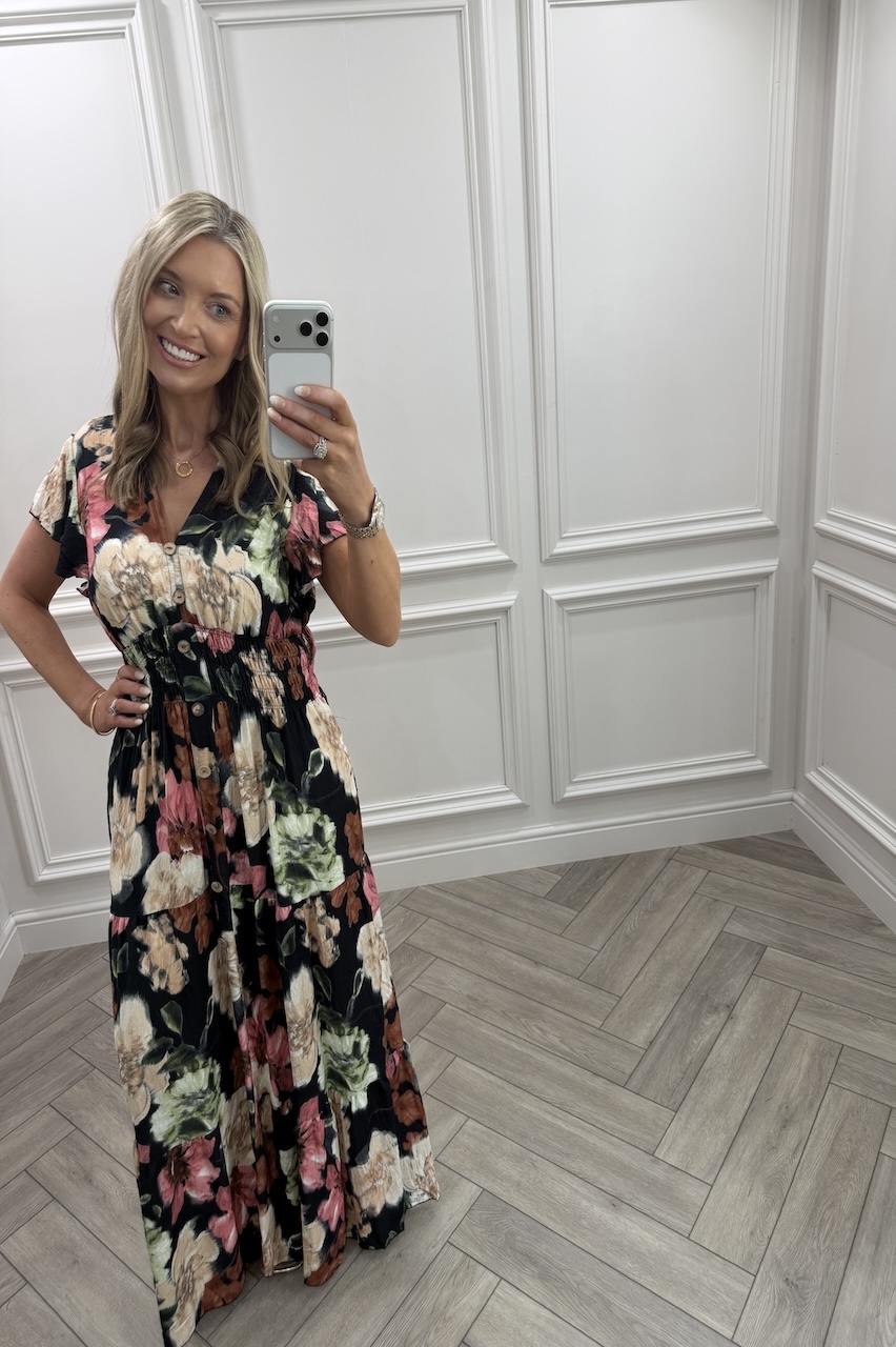 Hazel Black Floral Shirred Maxi Dress