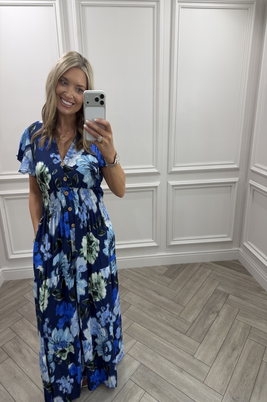 Hazel Navy Floral Shirred Maxi Dress
