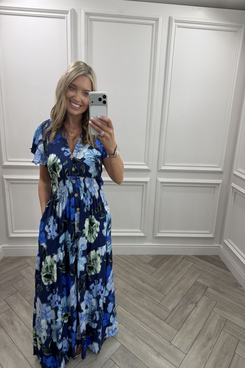 Hazel Navy Floral Shirred Maxi Dress