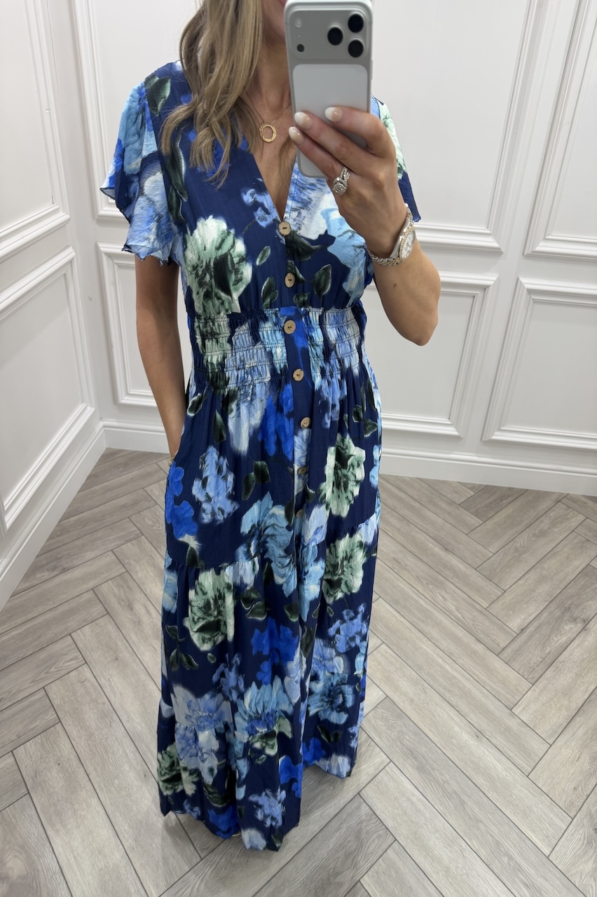 Hazel Navy Floral Shirred Maxi Dress