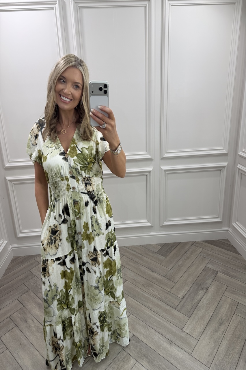 Hazel White & Green Floral Shirred Maxi Dress