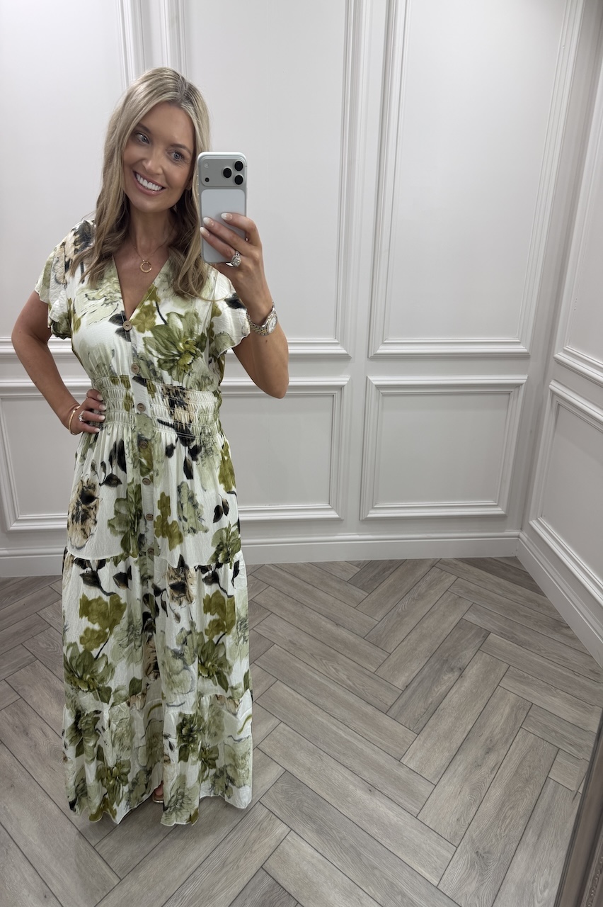 Hazel White & Green Floral Shirred Maxi Dress