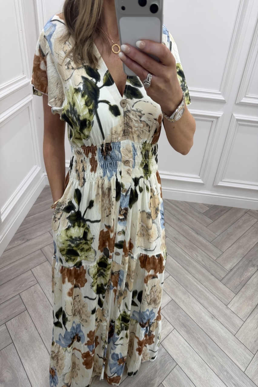 Hazel Beige, Tan & Blue Floral Shirred Maxi Dress