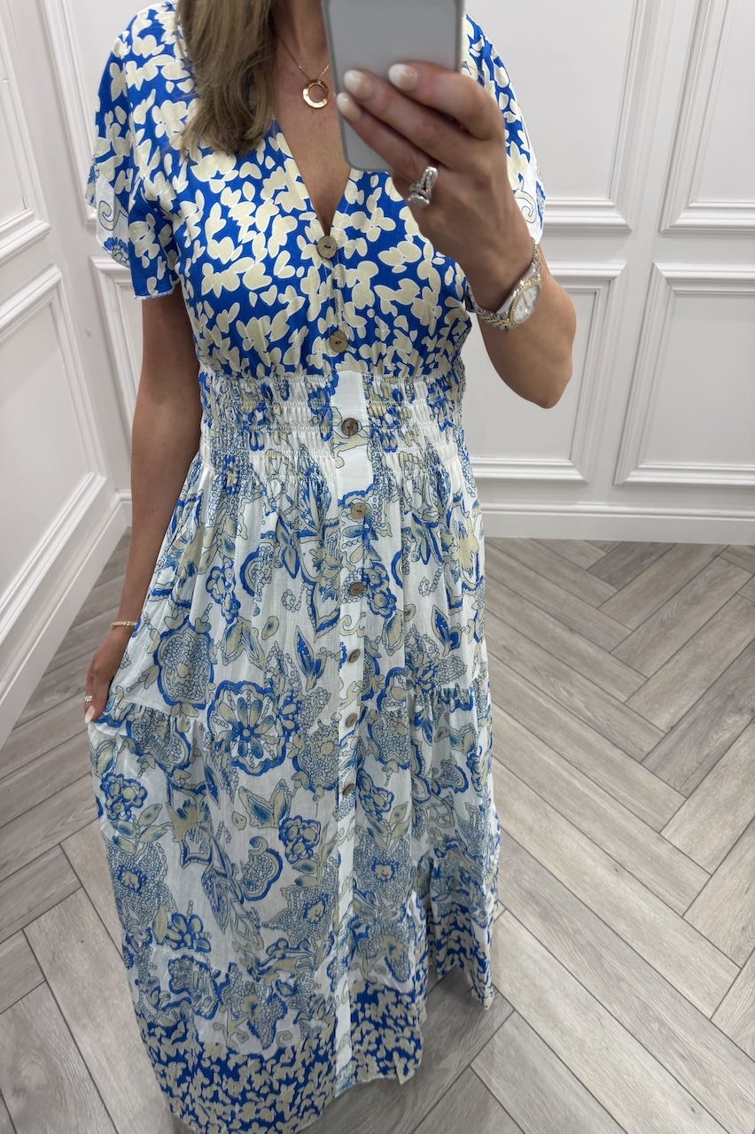 Luna Royal Blue Floral Shirred Midi Dress