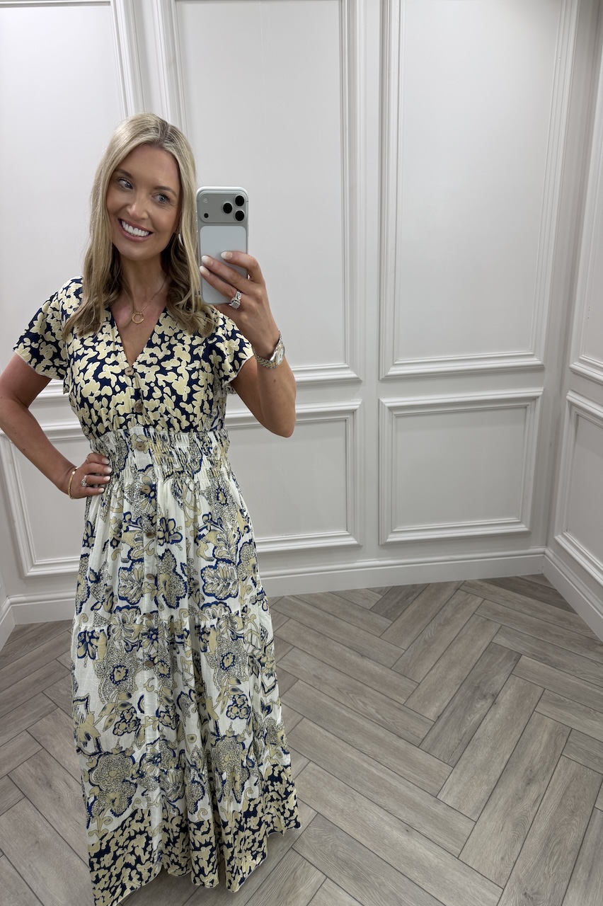 Luna Navy Floral Shirred Midi Dress