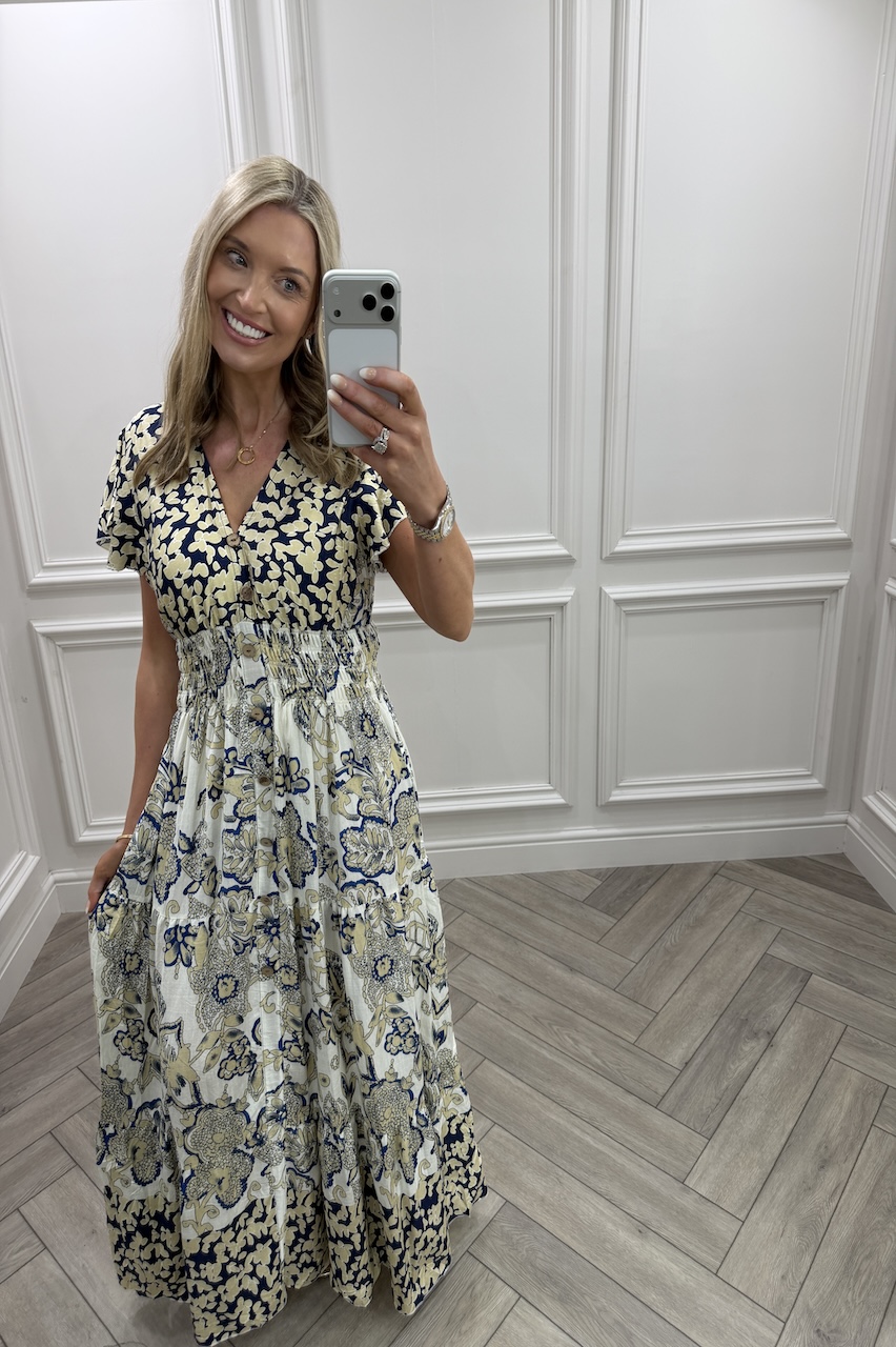 Luna Navy Floral Shirred Midi Dress