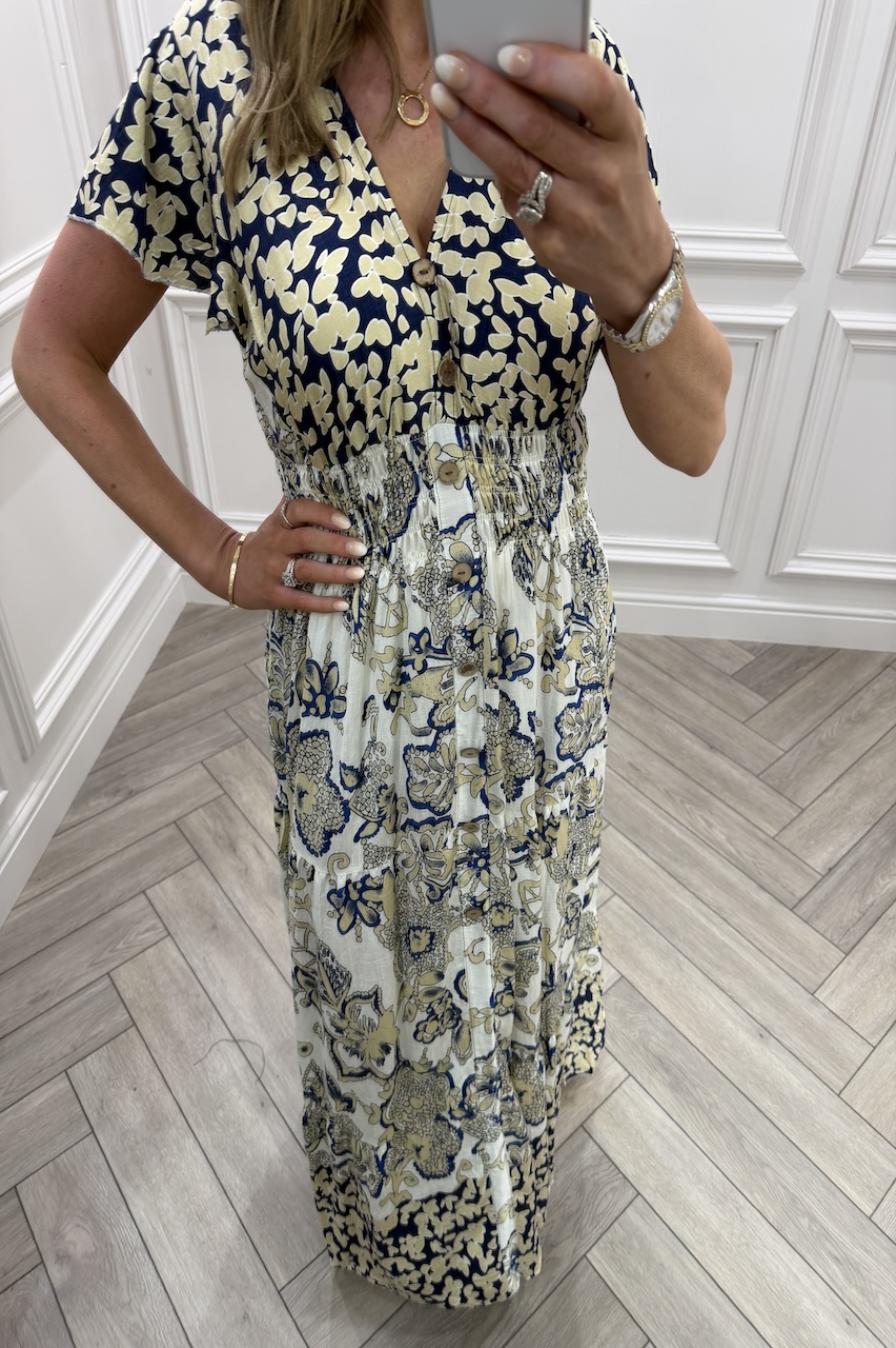 Luna Navy Floral Shirred Midi Dress