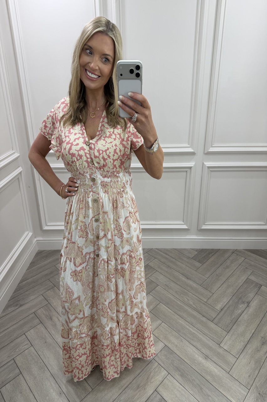 Luna Dusky Pink Floral Shirred Midi Dress