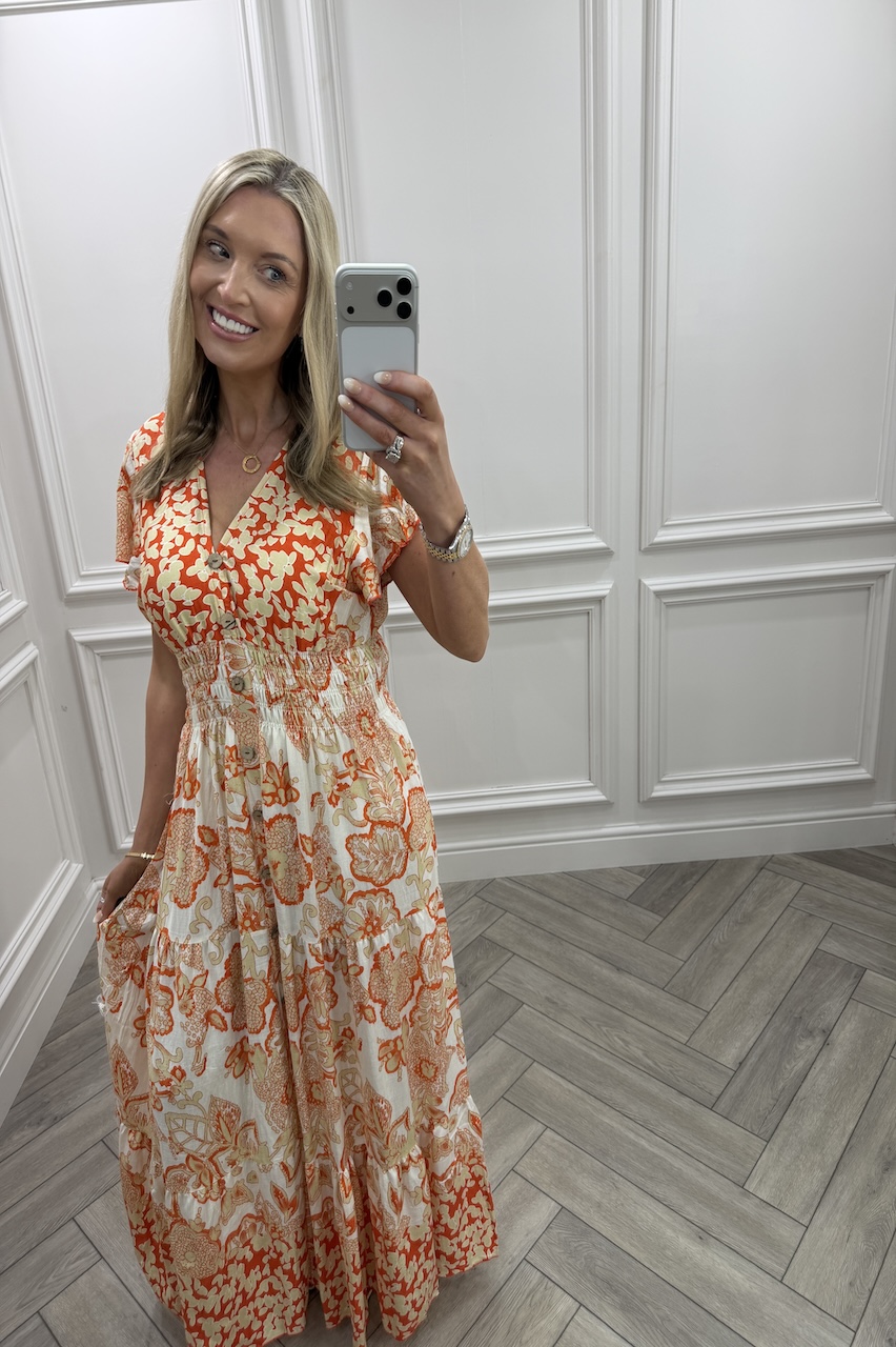 Luna Orange Floral Shirred Midi Dress