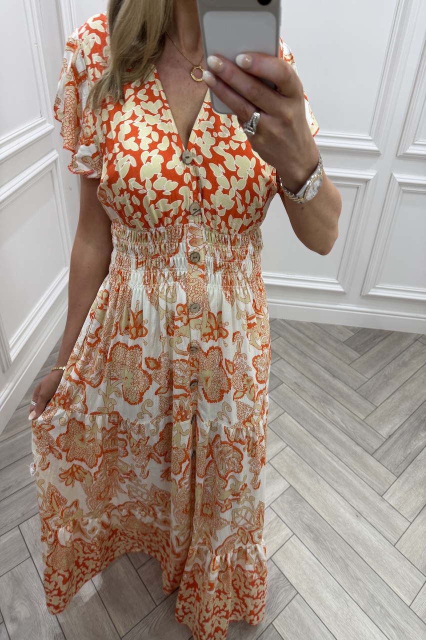 Luna Orange Floral Shirred Midi Dress