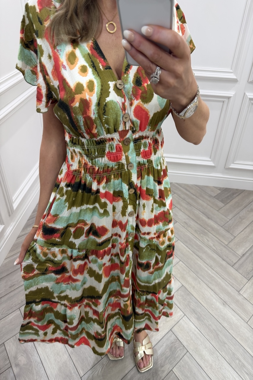 Aurora Khaki & Orange Shirred Midi Dress