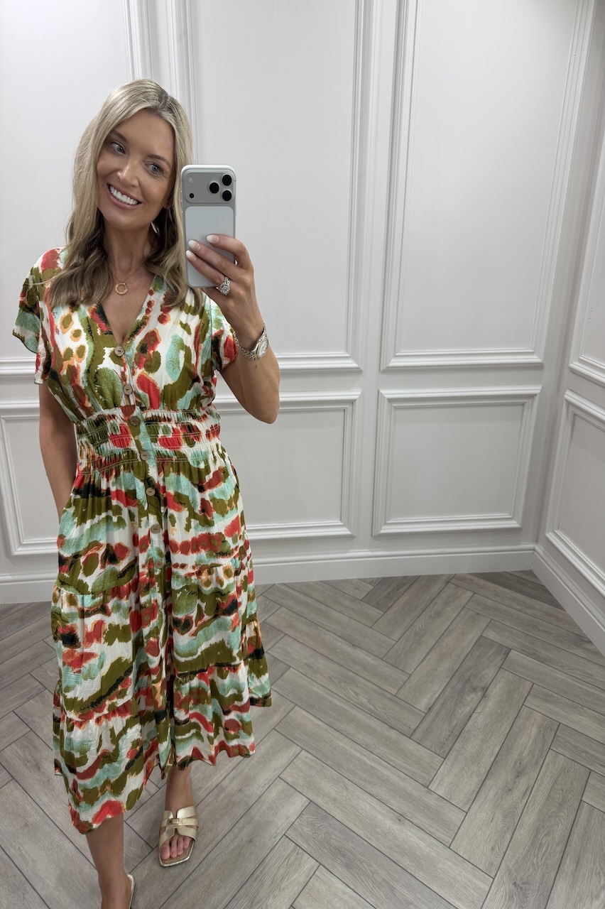 Aurora Khaki & Orange Shirred Midi Dress