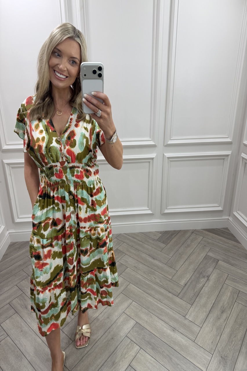 Aurora Khaki & Orange Shirred Midi Dress