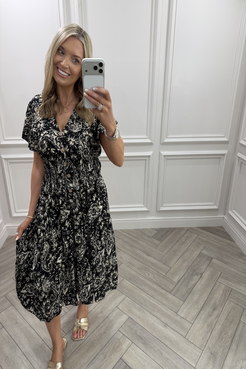 Black Eliana Shirred Midi Dress