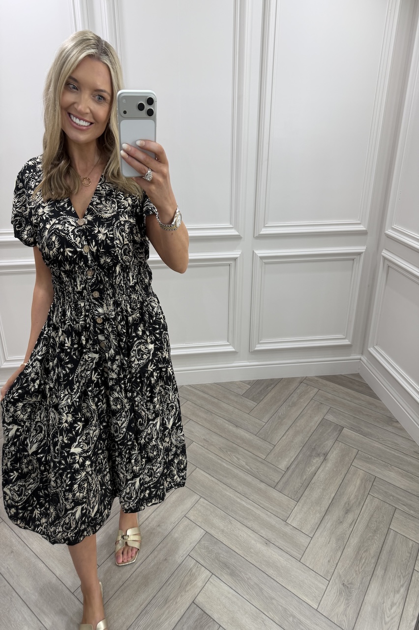 Black Eliana Shirred Midi Dress