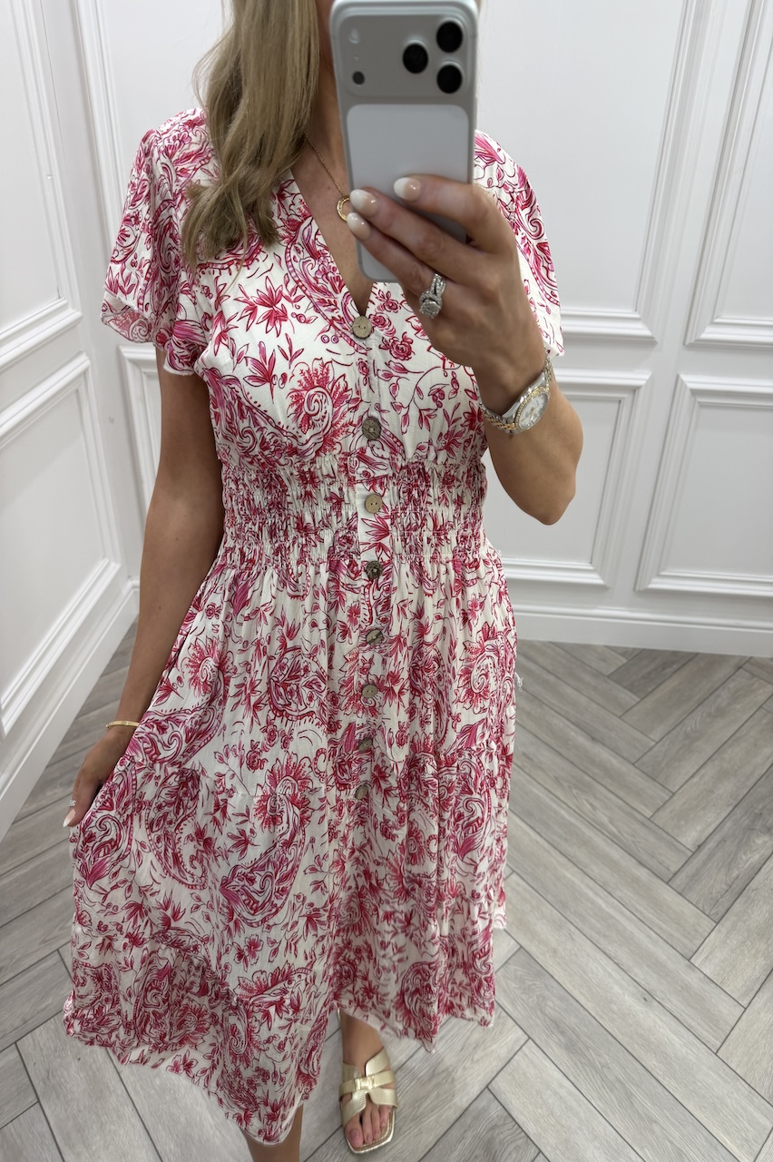 Pink Eliana Shirred Midi Dress