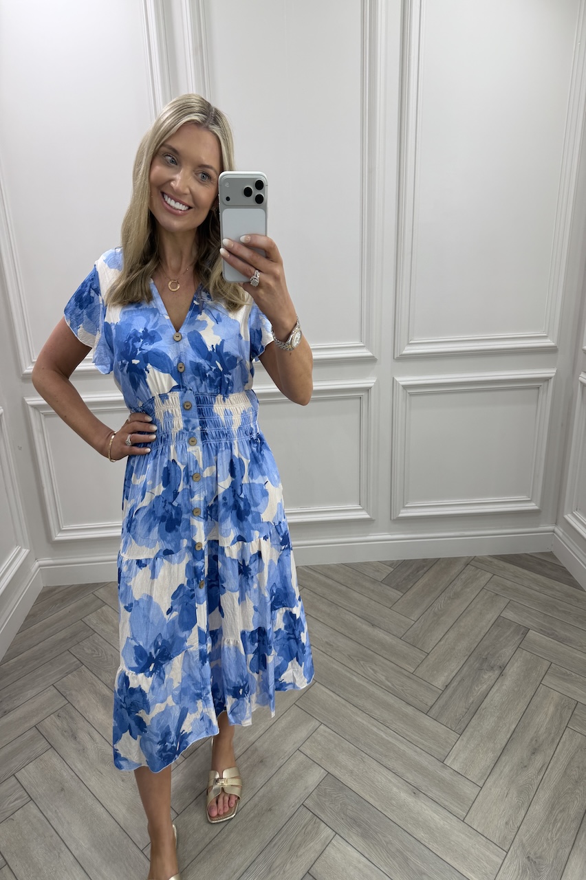 Blue Layla Floral Shirred Midi Dress
