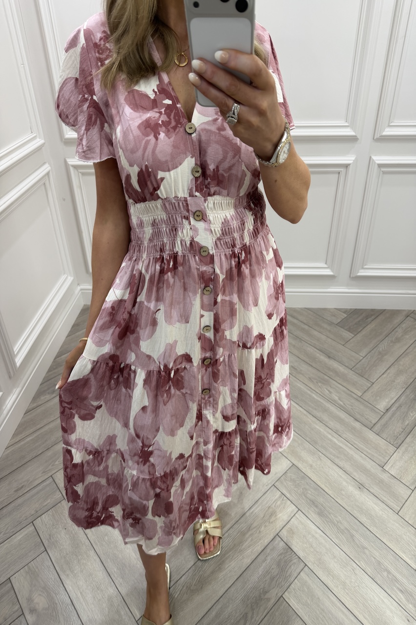 Pink Layla Floral Shirred Midi Dress