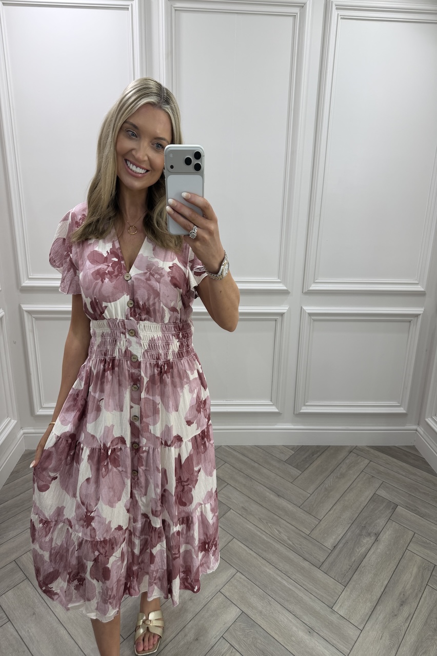 Pink Layla Floral Shirred Midi Dress