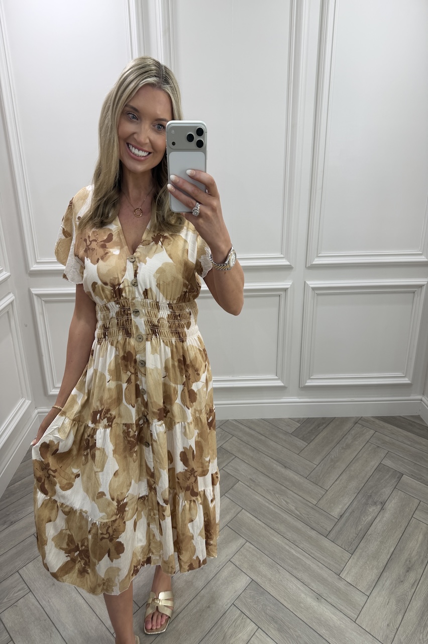Beige Layla Floral Shirred Midi Dress