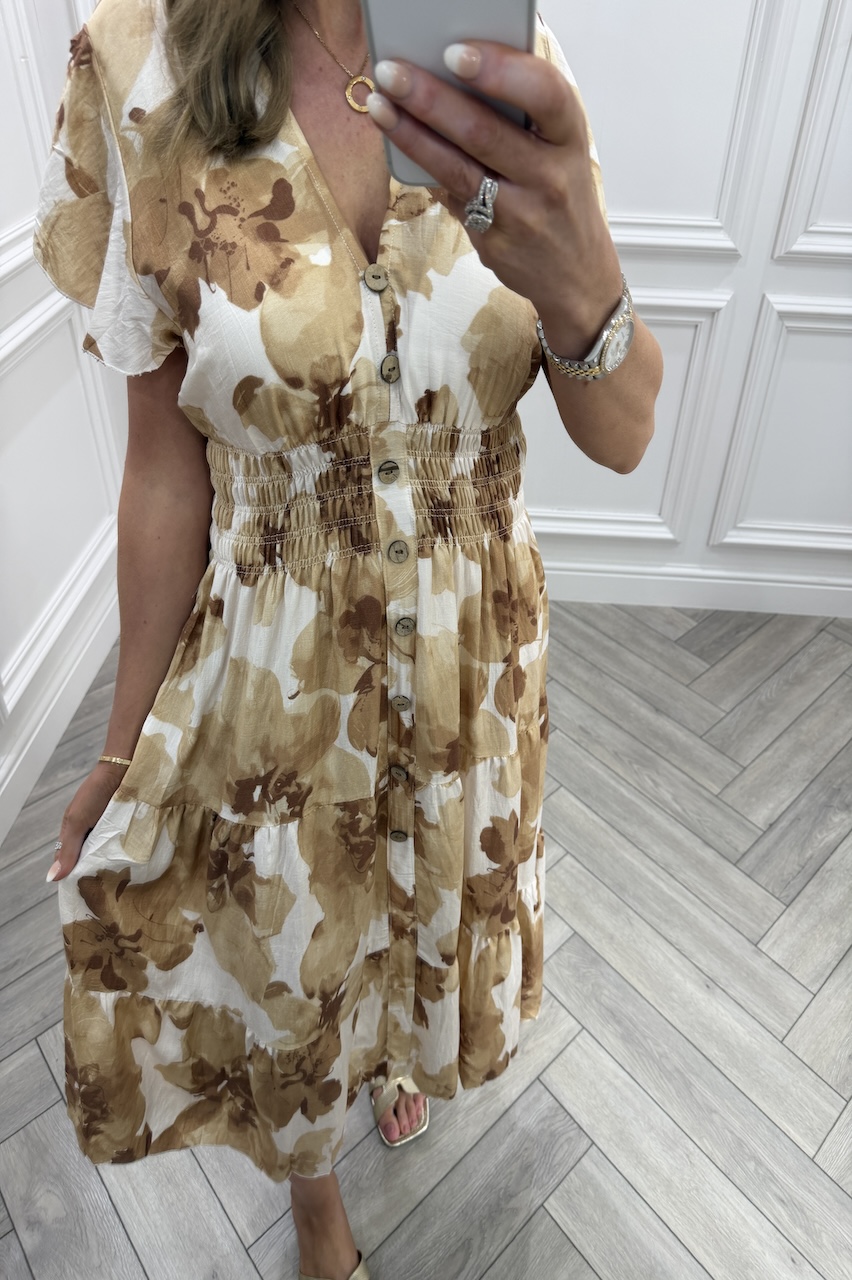 Beige Layla Floral Shirred Midi Dress