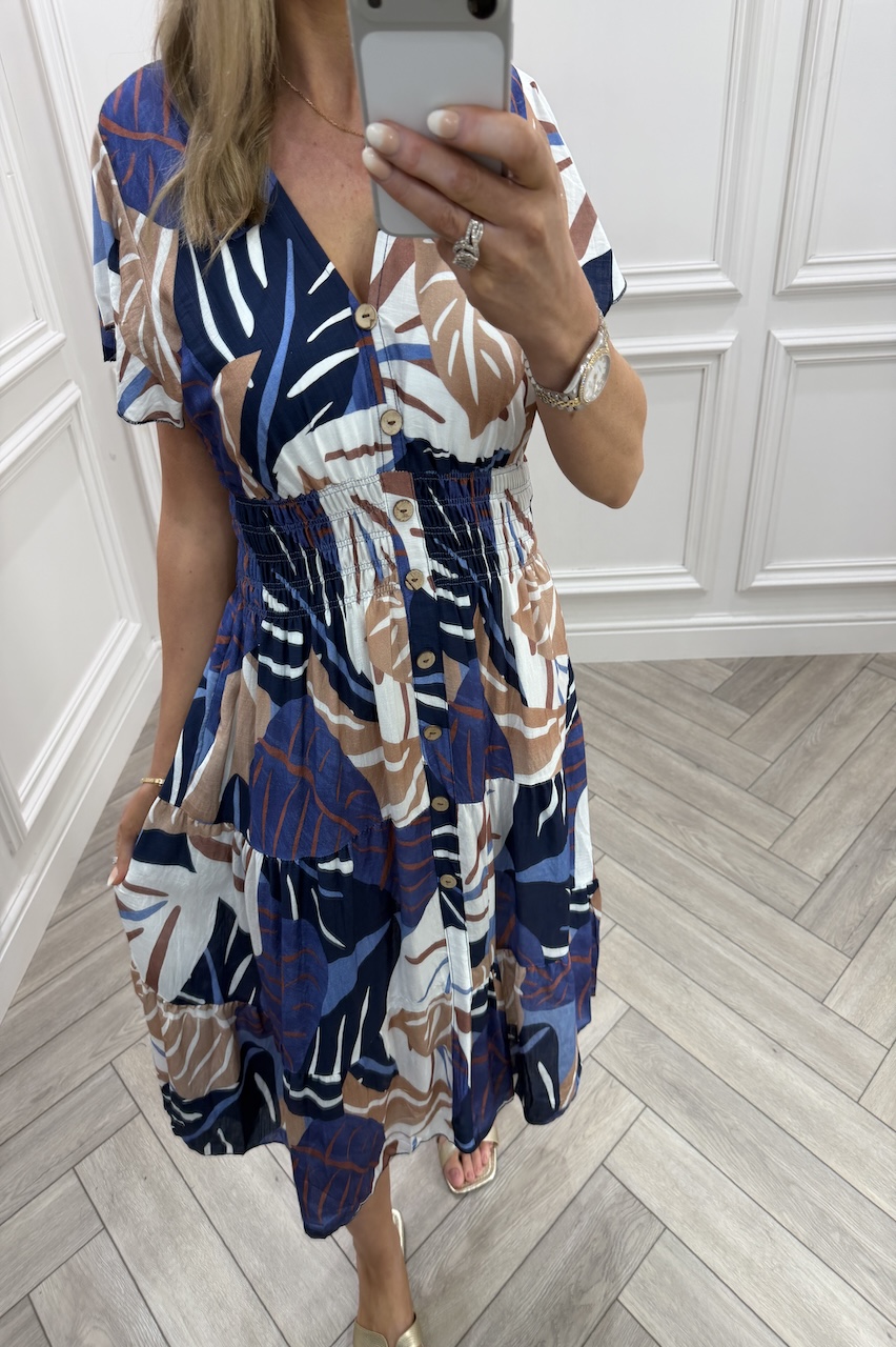 Navy Willow Floral Shirred Midi Dress