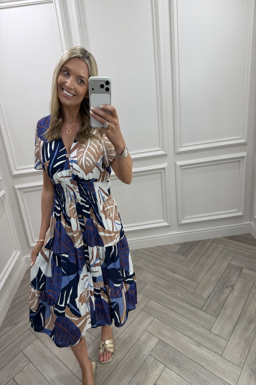 Navy Willow Floral Shirred Midi Dress