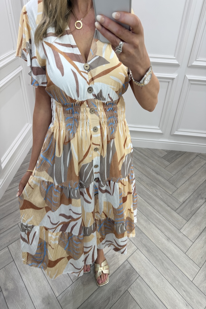 Beige Willow Floral Shirred Midi Dress