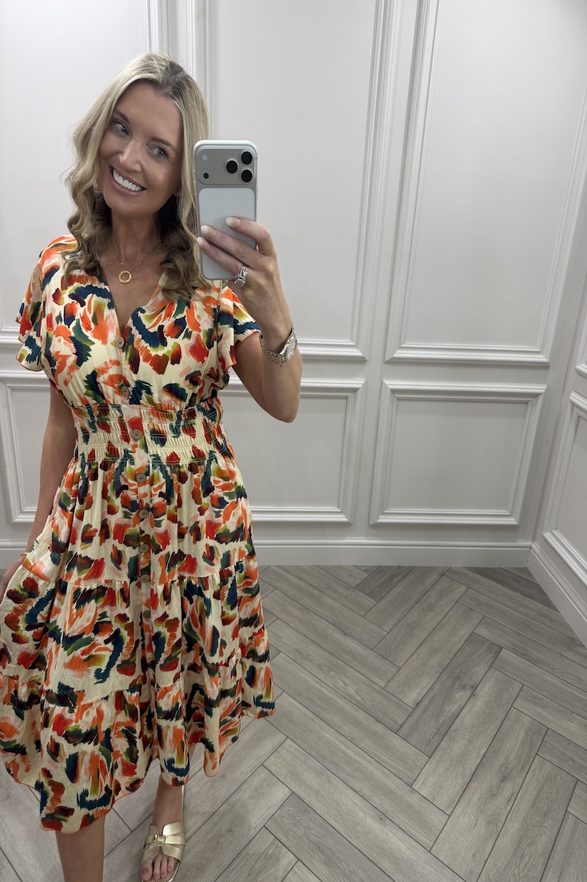 Orange & Red Genesis Shirred Midi Dress